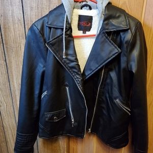 Yoki womens black leather jacket with hood